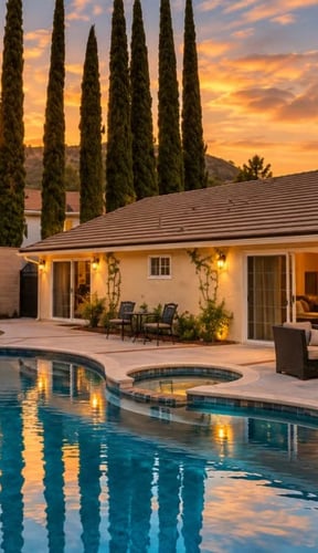 Southern California home with pool, terrace and palm trees