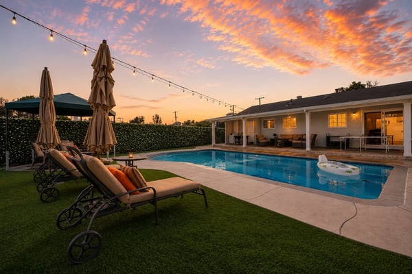 Open-plan living room with beige sectional sofa, wood flooring and sliding glass doors opening to a patio at sunset.